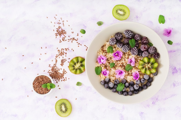 Mingau de aveia saboroso e saudável com sementes de frutas, bagas e linho. Café da manhã saudável. Comida de fitness. Nutrição apropriada.