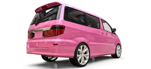 Minivan pequena rosa para transporte de pessoas. ilustração tridimensional em um fundo branco brilhante. renderização 3d.