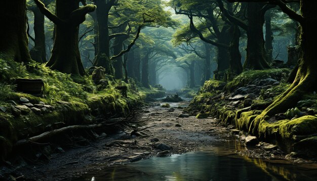 Misteriosa floresta escura e úmida de neblina guarda belezas naturais antigas geradas por inteligência artificial