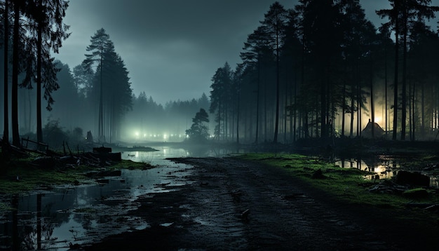 Foto grátis misteriosas coberturas de névoa floresta tranquila em noite assustadora gerada por inteligência artificial
