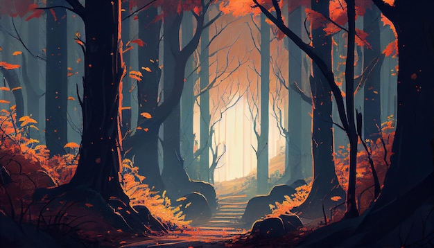 Foto grátis mística da floresta de outono iluminada por um pôr do sol assustador gerado por ia
