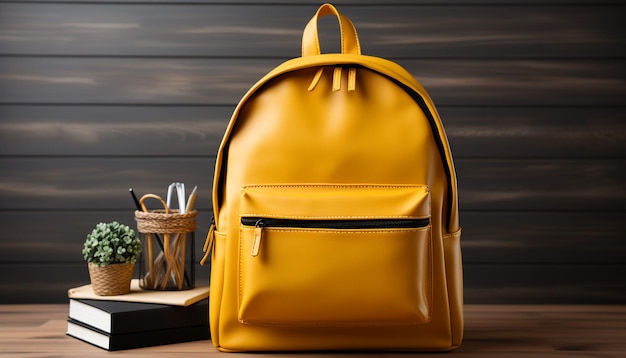 Foto grátis mochila amarela na mesa de madeira perfeita para volta às aulas gerada por inteligência artificial