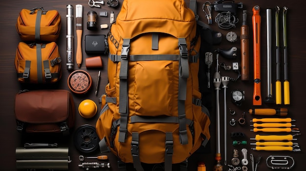 Foto grátis mochila com botas, ferramentas e outros itens na mesa