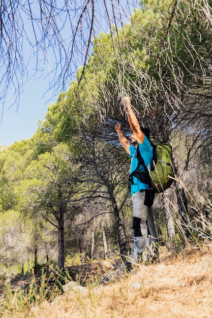 Foto grátis mochileiro levantando as mãos em direção ao céu