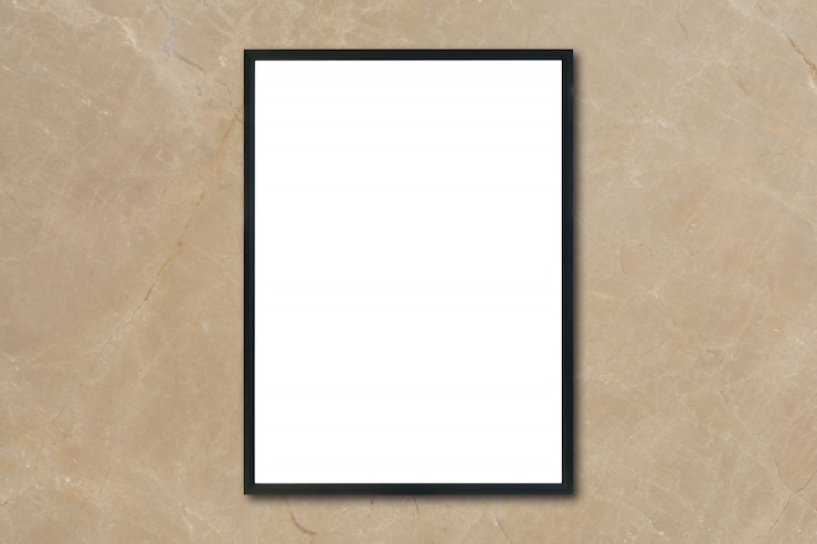 Foto grátis mock up quadro de imagem em branco quadro pendurado na parede de mármore marrom no quarto - pode ser usado maquete para exibição de produtos de montagem e layout gráfico de design visual.