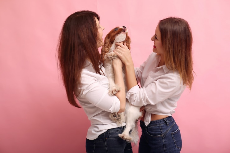 Foto grátis moda mulheres jovens posando com cachorro