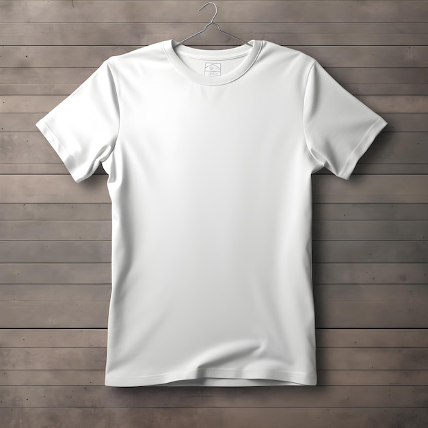modelo de camiseta branca em fundo de textura de madeira