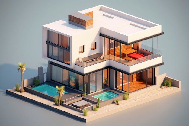 Modelo de casa 3D com arquitetura moderna