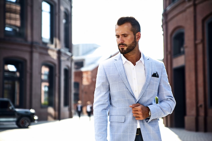 Foto grátis modelo de empresário de moda bonito vestido elegante terno azul posando na rua