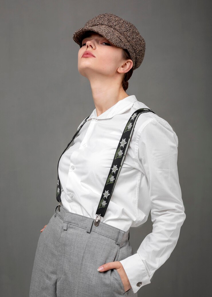 Foto grátis modelo feminino elegante em elegante camisa branca e suspensórios. novo conceito de feminilidade