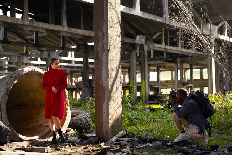 Foto grátis modelo feminino sendo fotografado com ambiente grunge durante exploração urbana