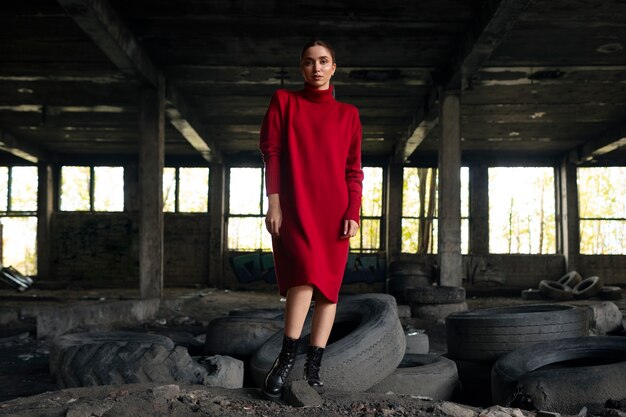 Modelo feminino sendo fotografado com ambiente grunge durante exploração urbana