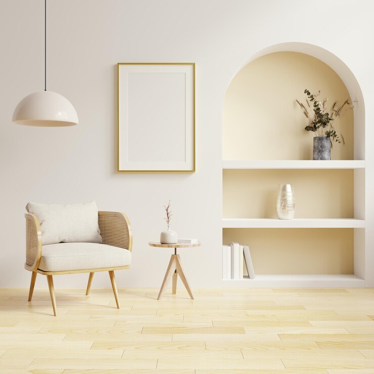 Foto grátis modelos de molduras no interior da sala de estar com cadeira e decoração em estilo escandinavo
