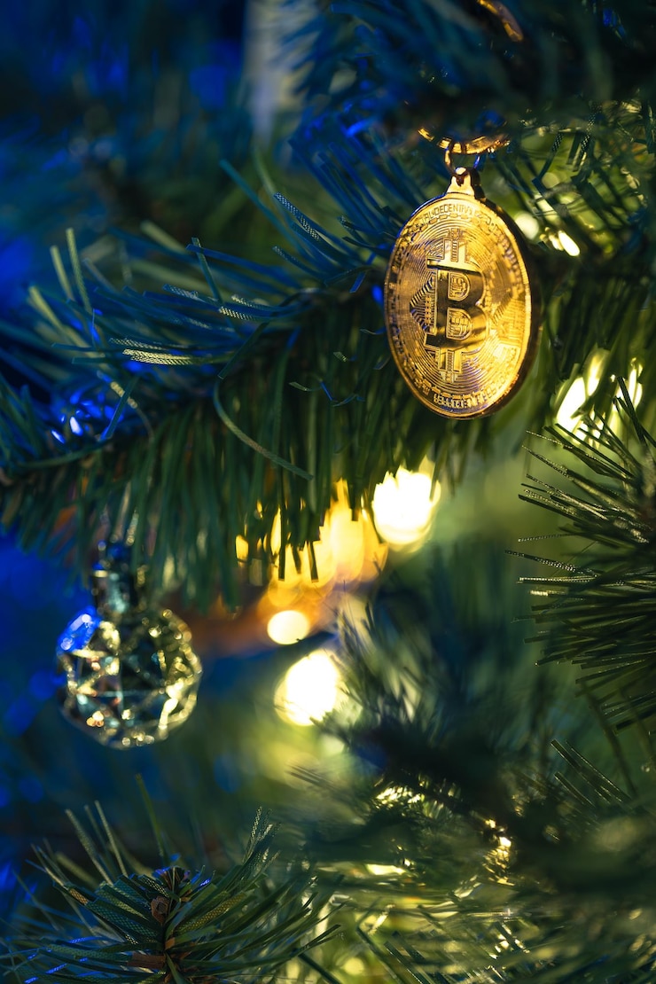 Foto grátis moeda de bitcoin na árvore de natal com luzes bokeh conceito de finanças