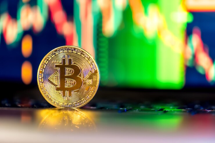 Foto grátis moeda de ouro bitcoin no teclado gráfico de negociação de mercado de ações candelabro on-line