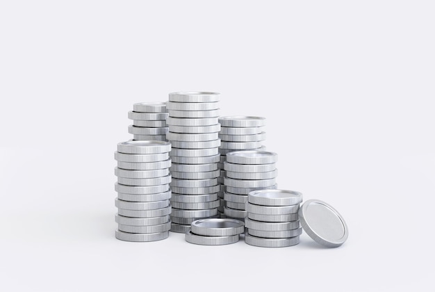 Moeda de prata empilha dinheiro moeda finanças poupança investimento conceito fundo ilustração 3D