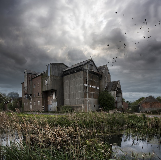 Moinho abandonado com céu escuro e pássaros voando em North Norfolk, Reino Unido