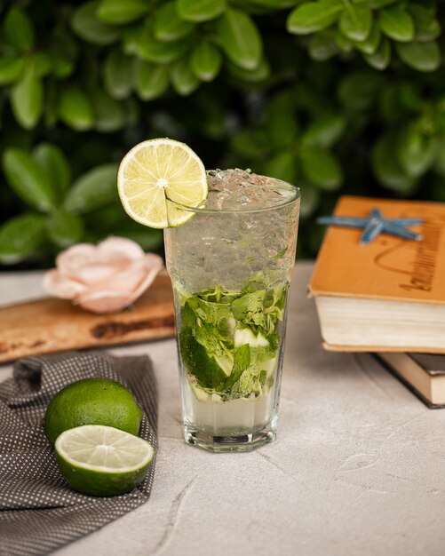 Mojito de limão com folhas de hortelã e cubos de gelo em um copo.