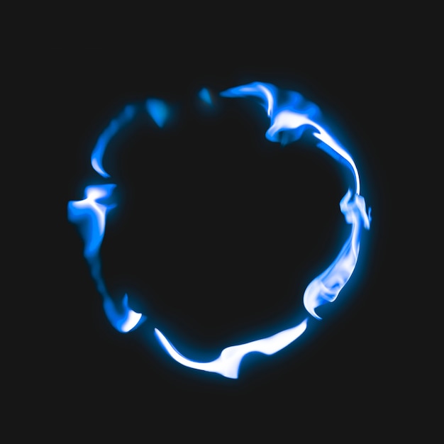 Moldura flamejante, forma de círculo azul, fogo ardente realista