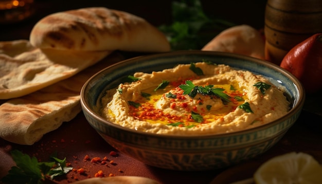 Foto grátis molho de homus fresco no prato de pão pita gerado por ia