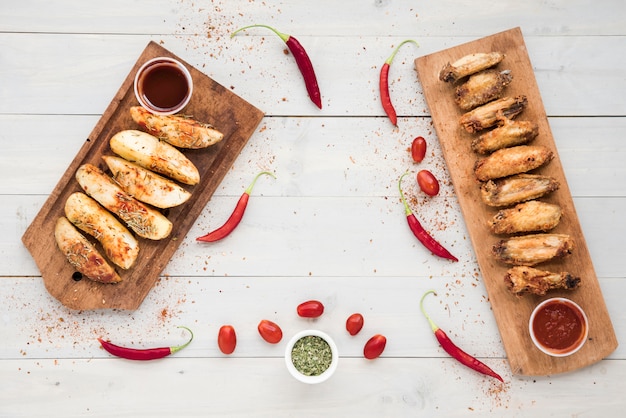 Foto grátis molhos e temperos perto de frango frito e batatas