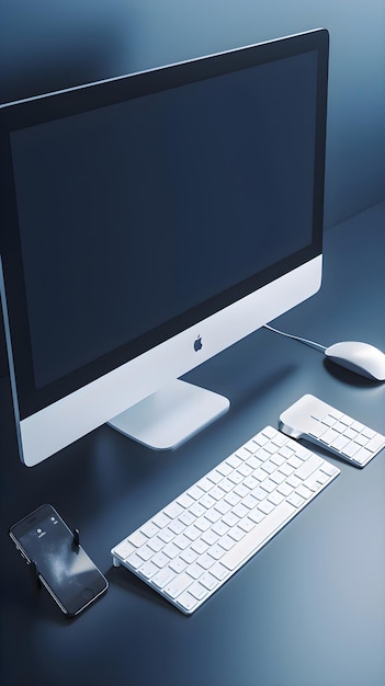 Monitor de computador com teclado e mouse na mesa renderização 3d