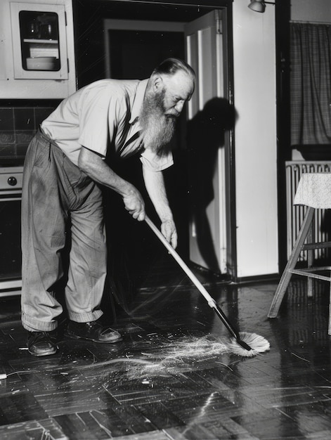 Foto grátis monochrome portrait of retro man doing housework and household chores