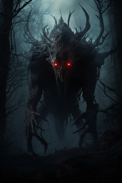 Monstro assustador na floresta nevoenta à noite