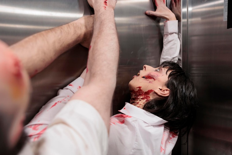 Foto grátis monstros assustadores rastejando no elevador, cérebro comendo zumbis cruéis atacando o escritório de negócios. cadáveres sangrentos assustadores e aterrorizantes sendo violentos e agressivos, caçando pessoas e parecendo perigosos.