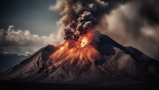 Foto grátis montanha em chamas entra em erupção destruindo o meio ambiente com poluição de fumaça e cinzas gerada por ia