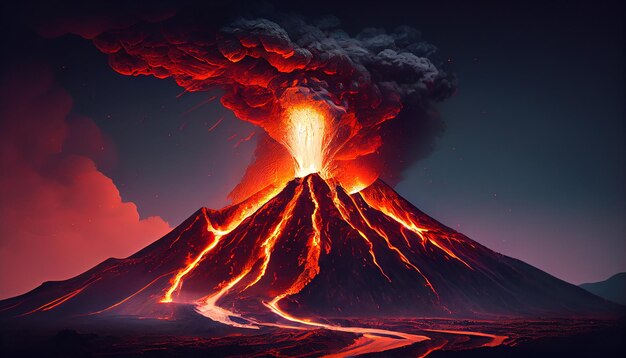 Montanha em erupção vomita cinzas ardentes no céu geradas por IA