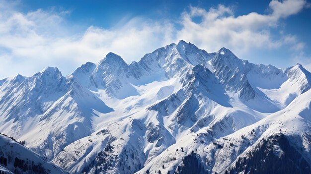 Montanhas cobertas de neve contra um céu nublado azul