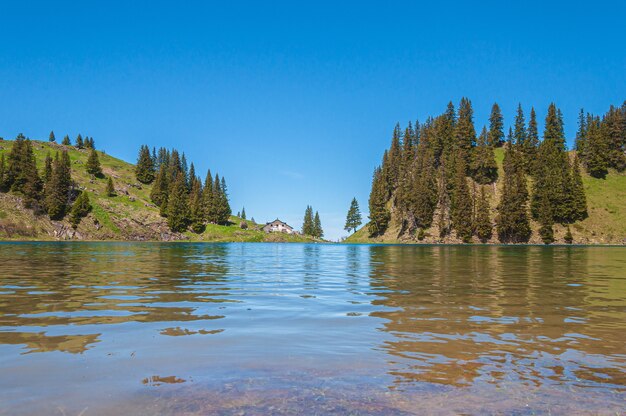 Montanhas e árvores na Suíça cercadas pelo lago Lac Lioson