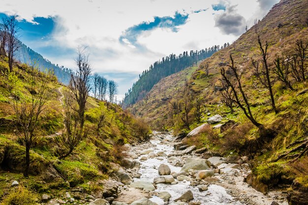 Montanhas verdes na antiga aldeia indiana de Malana, no estado de Himachal Pradesh