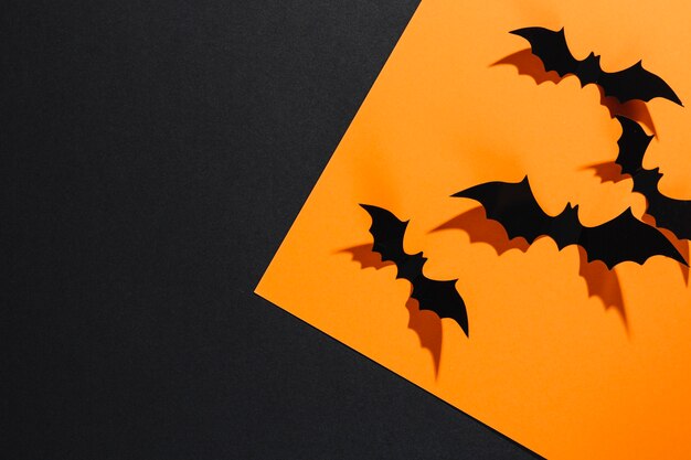 Morcegos decorativos de Halloween, sentado na folha de papel laranja