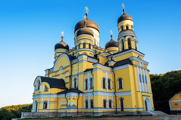 Mosteiro de Hancu e igreja em meio à vegetação na Moldávia