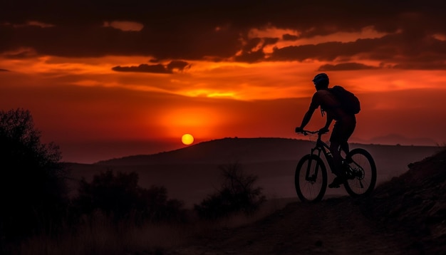 Foto grátis motociclista de silhueta conquista pico de montanha ao entardecer gerado por ia