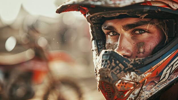 Motociclista de terra participando de corridas e circuitos para a emoção da aventura com motocicleta