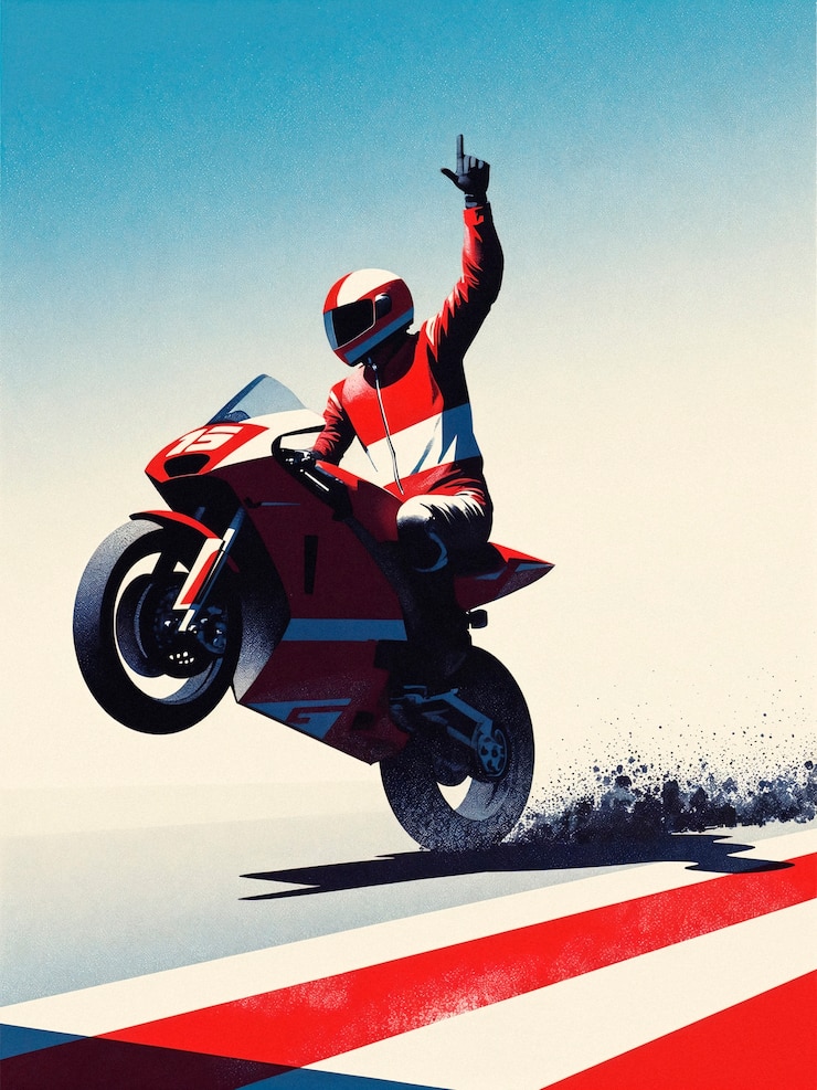 Foto grátis motociclista fazendo um wheelie e celebrando a vitória