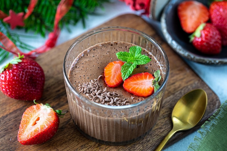 Foto grátis mousse de chocolate delicioso caseiro ou panna cotta com bagas em uma pedra branca ou fundo de madeira sobremesa festiva