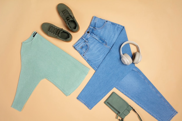 Mudança de guarda-roupa de primavera sobre configuração plana