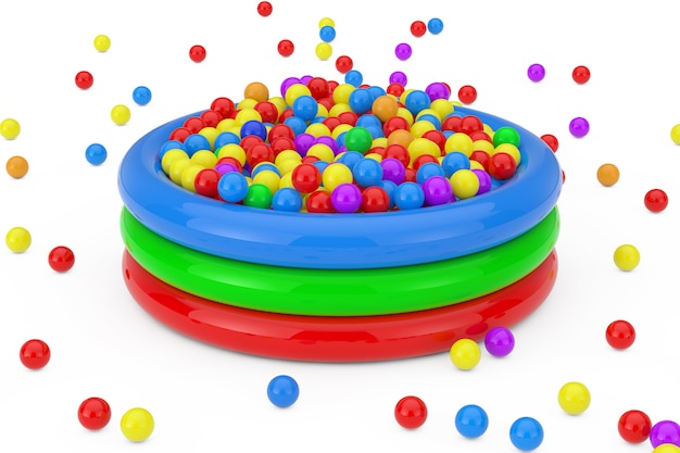 Muitas bolas de plástico coloridas caíram e encheram a piscina infantil em um fundo branco. renderização 3d