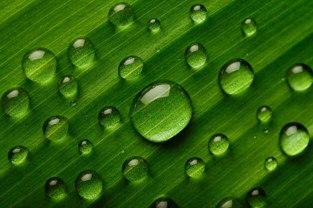 Muitas gotas de água caem nas folhas de bananeira