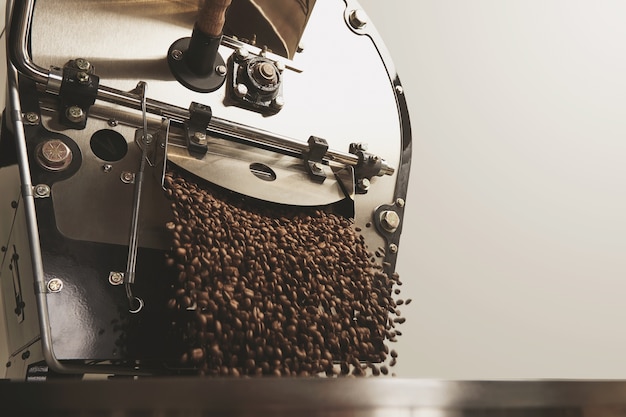 Muitos grãos de café recém-assados quentes caem do melhor torrador de café grande profissional