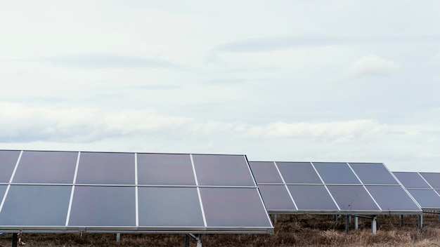 Muitos painéis solares no campo gerando eletricidade