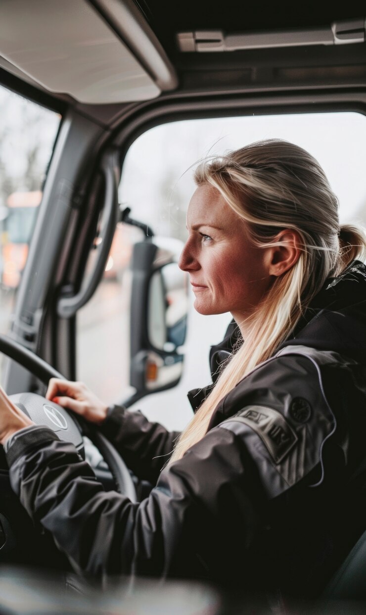 Foto grátis mulher a trabalhar como motorista de camião