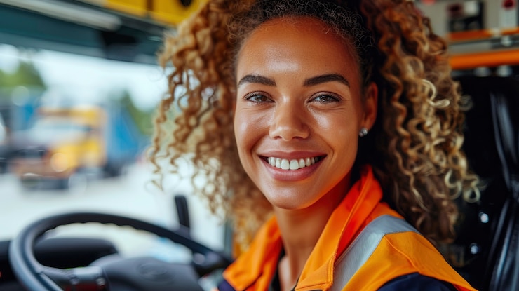 Foto grátis mulher a trabalhar como motorista de camião