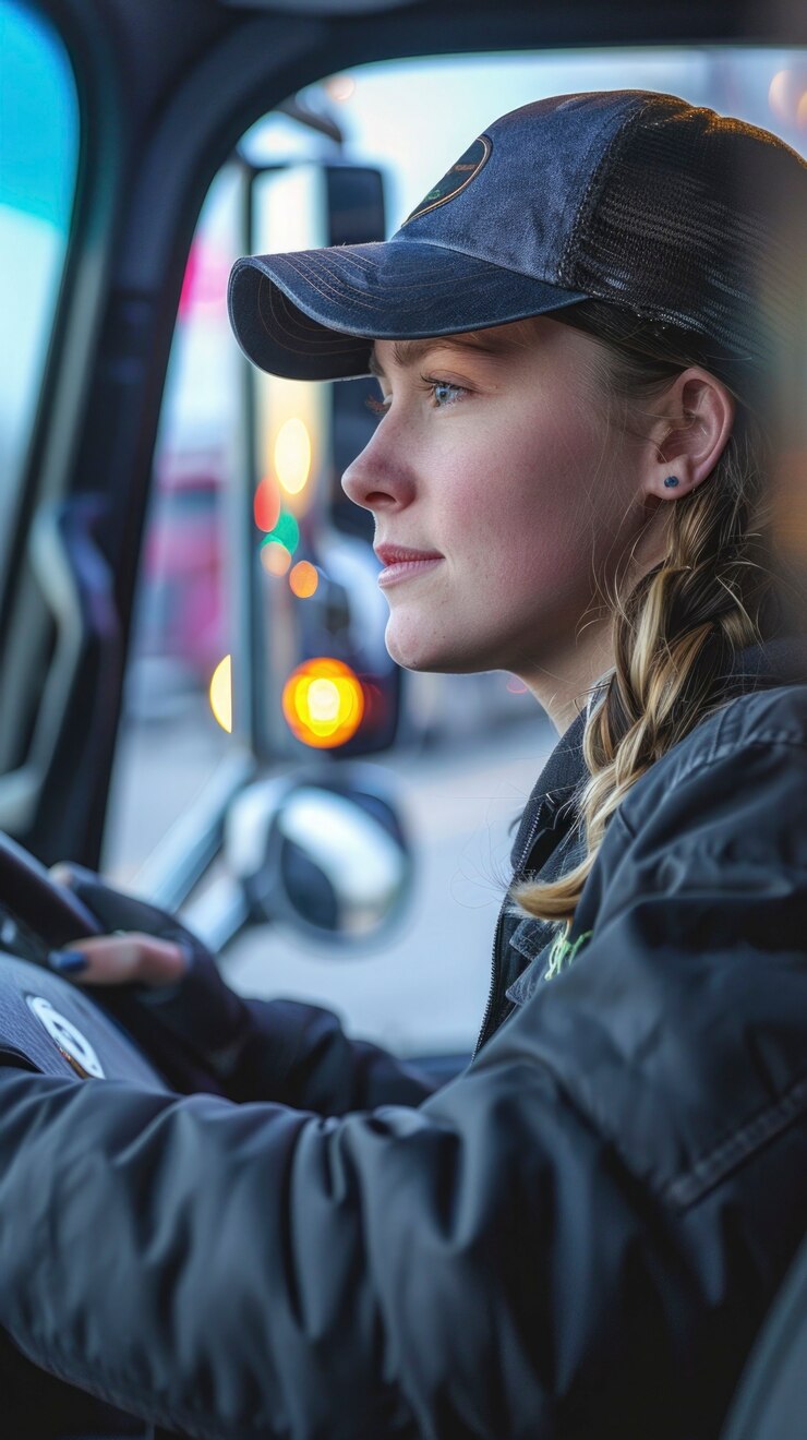 Foto grátis mulher a trabalhar como motorista de camião