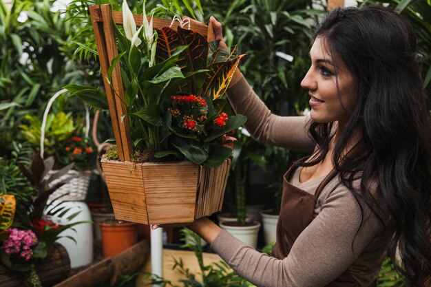 Mulher admirando planta em vaso