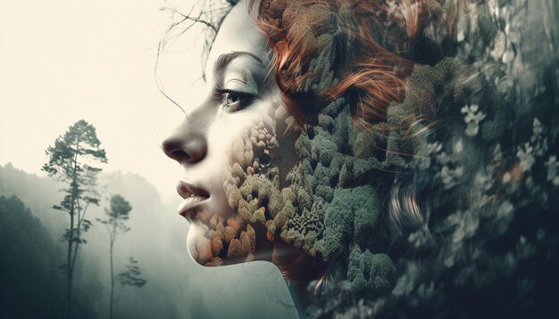 Mulher adulta jovem na beleza surreal da floresta gerada por IA